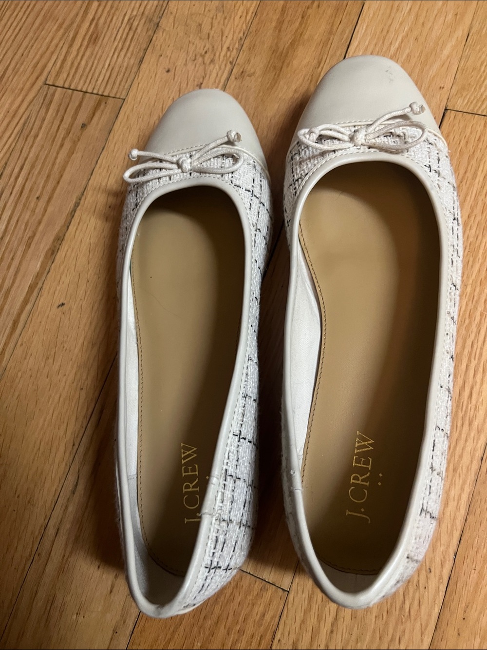 J. Crew White Tweed & Leather Bow Ballet Flats